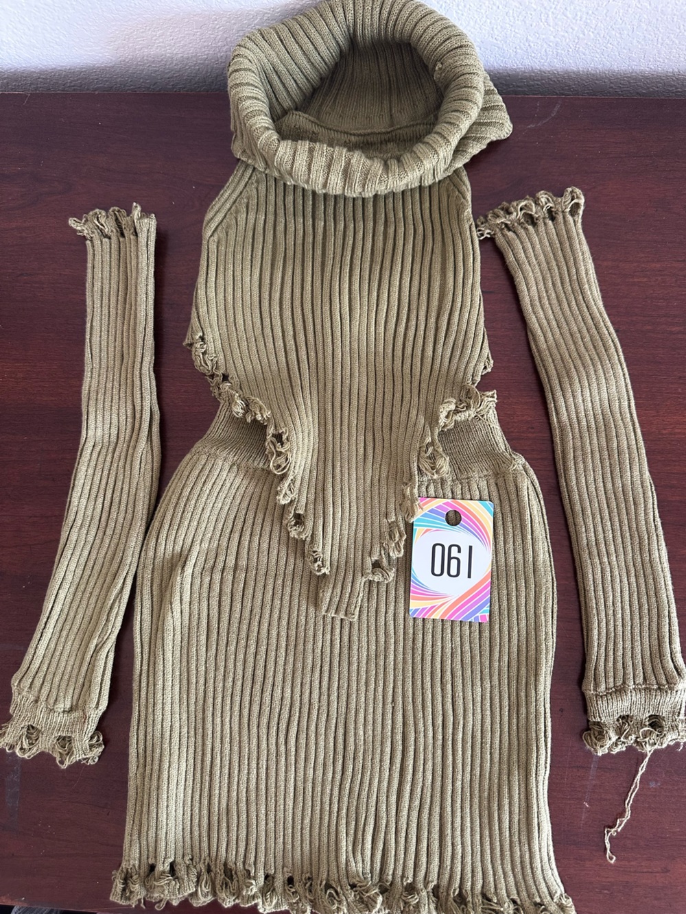 Women’s Olive Distressed Ribbed Turtleneck Cutout Sweater